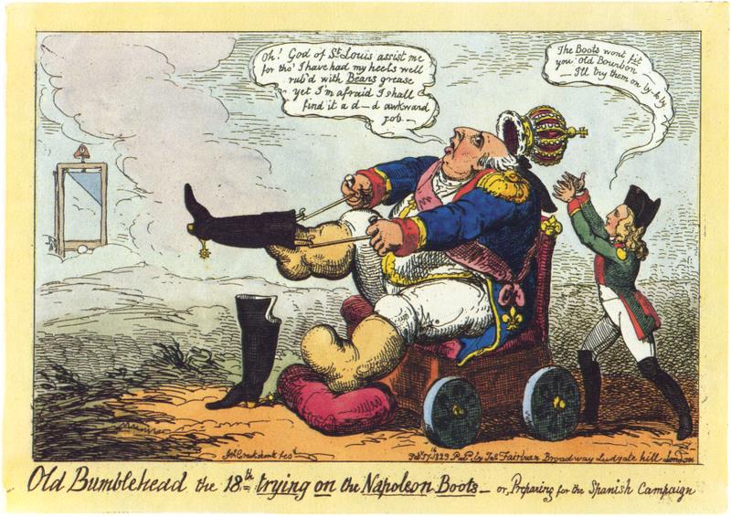 « Old Bumblehead the 18th trying on the Napoleon Boots –  or, Preparing for the Spanish Campaign » (George Cruikshank, 1823) (Source: http://commons.wikimedia.org/wiki/File:Cruikshank_-_Old_Bumblehead.png?uselang=fr)