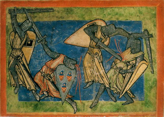 Kampfillustration in einem 'Jungfrauenspiegel' (Speculum Virginum), um 1200, Quelle: wikimediacommons (gemeinfrei)