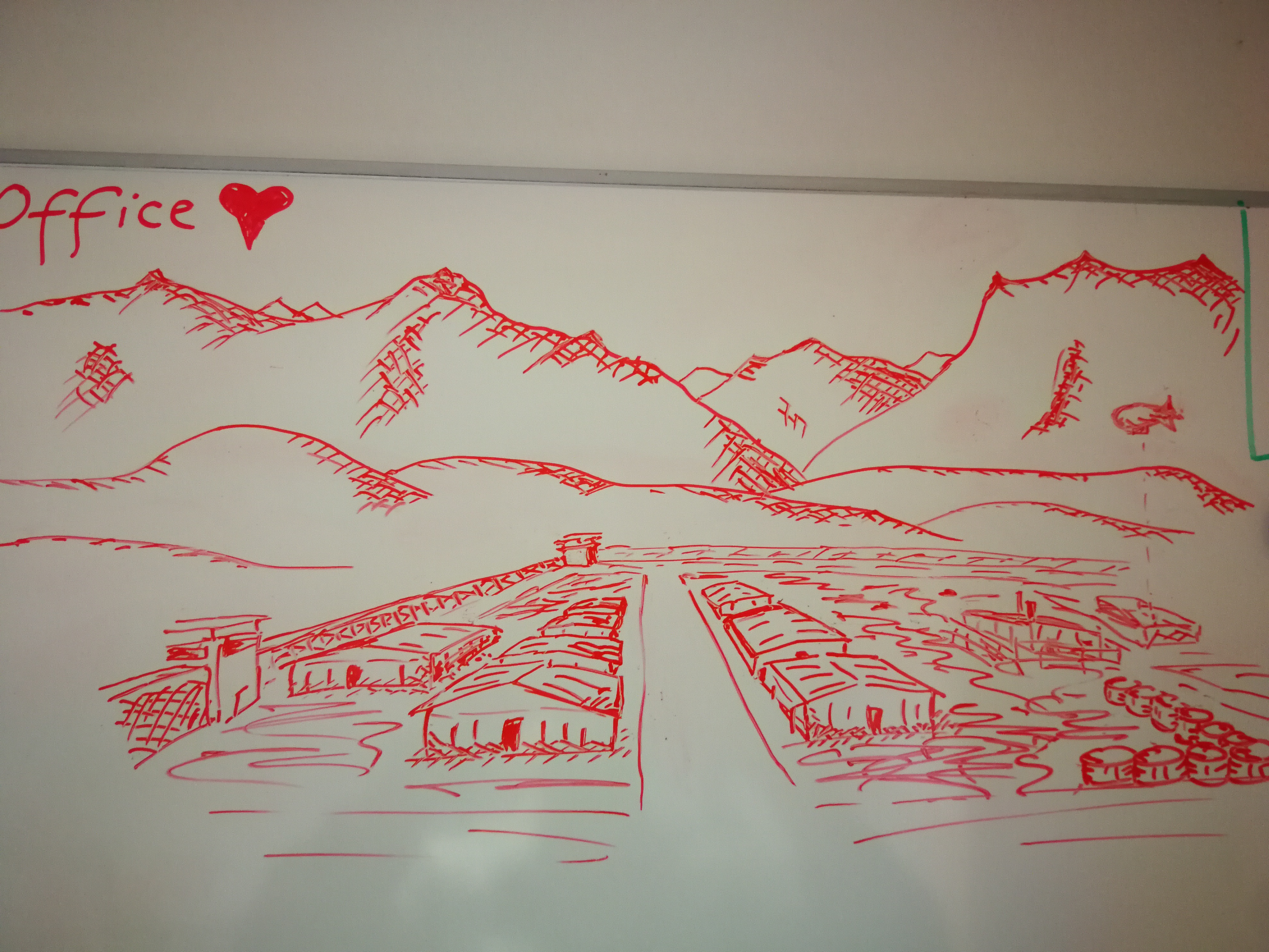 Whiteboardskizze der Sicht aus einem Büro in „Camp Marmal“, Masar-e-Scharif 2020. Ersteller (Hauptmann,17. Ktgt RS) dem Autor bekannt.