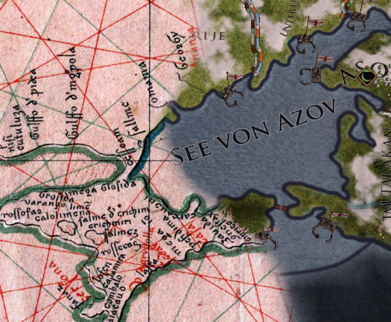 erstellt von Christoph Salge, basierend auf einem Screenshot aus Crusader Kings 2 und der Aufnahme einer historischen Karte. https://commons.wikimedia.org/wiki/File:Portolan_vesconte_1318_sea_of_Azov.jpg