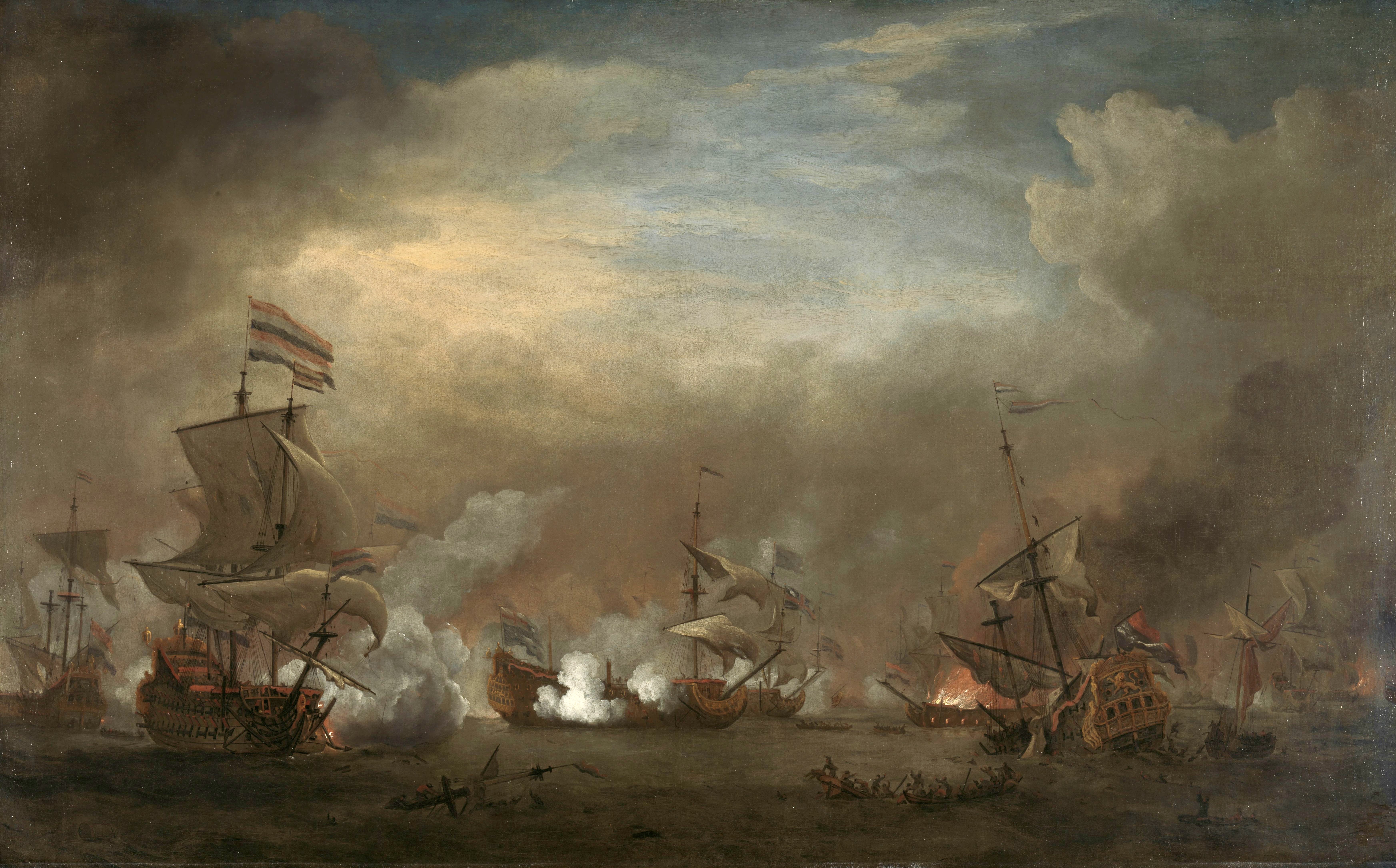 Willem van de Velde, der Jüngere, Gefecht während der Seeschlacht bei Kijkdiun (auch Seeschlacht von Texel, 21. August 1673), ca. 1675. Öl auf Leinwand, 114x183cm. SK-A-2393 Rijksmuseum Amsterdam, URL: http://hdl.handle.net/10934/RM0001.COLLECT.6379