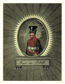 "Major von Schill", unbekannt, 1808/09, kolorierte Radierung, Preußen-Museum NRW, Wesel Das Bild zeigt das Konterfei Schills