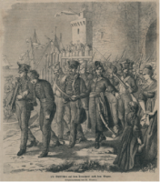 Das Bild zeigt die Mannschaften Schills auf dem Weg ins Französische Zuchthaus